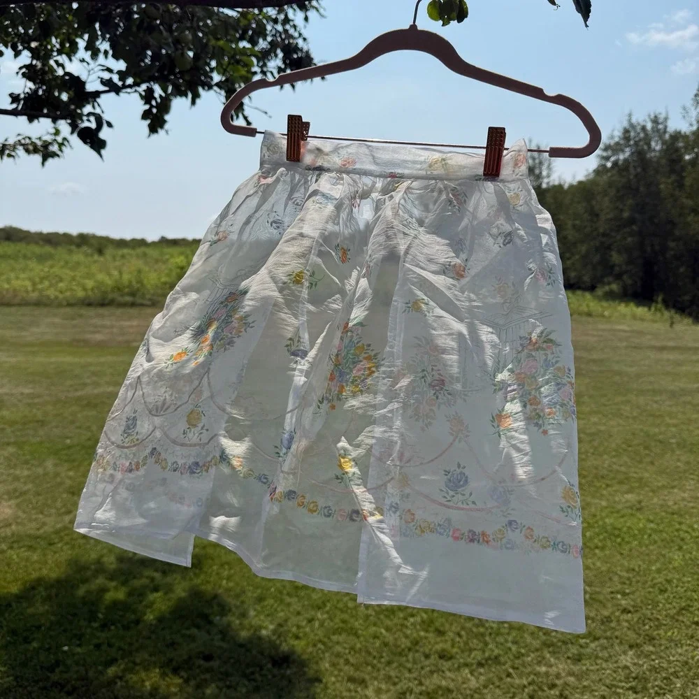 Vintage Half Apron White Sheer Floral Birdcage Scalloped Organza Retro 50s